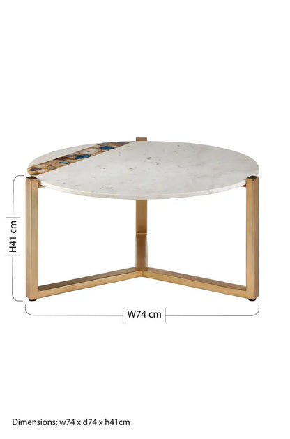 White Marble and Agate Top Round Coffee Table with Brass Iron Legs, Vizzini