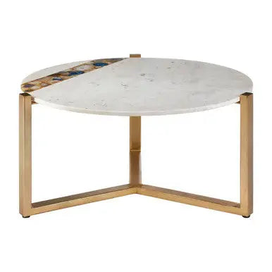 White Marble and Agate Top Round Coffee Table with Brass Iron Legs, Vizzini