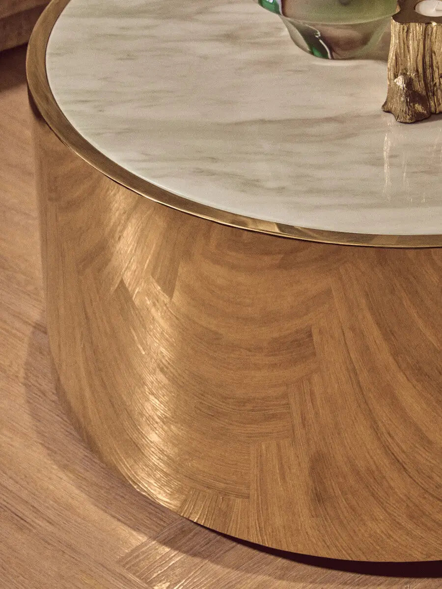 White Marble Effect Top Round Coffee Table with Gold Steel Frame, Carlox