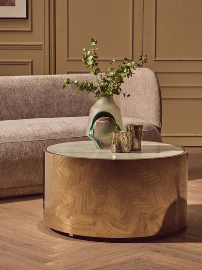 White Marble Effect Top Round Coffee Table with Gold Steel Frame, Carlox
