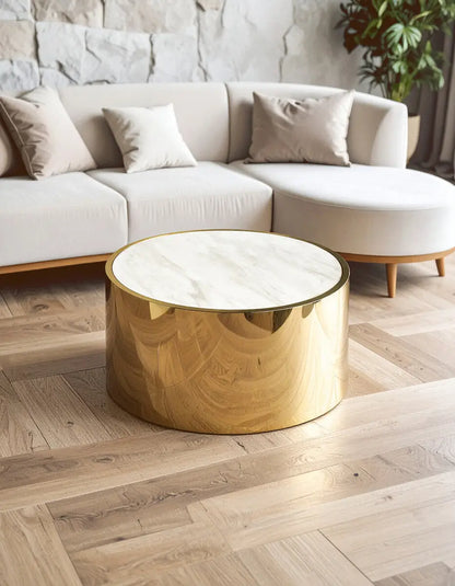 White Marble Effect Top Round Coffee Table with Gold Steel Frame, Carlox