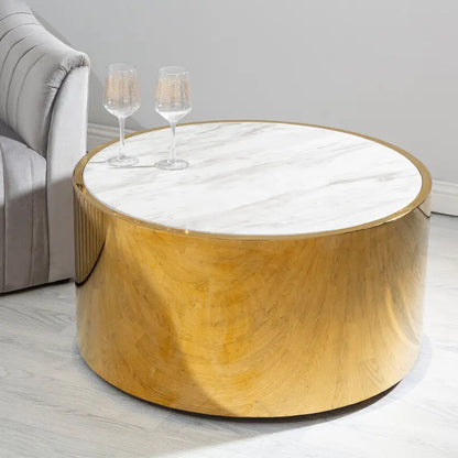 White Marble Effect Top Round Coffee Table with Gold Steel Frame, Carlox