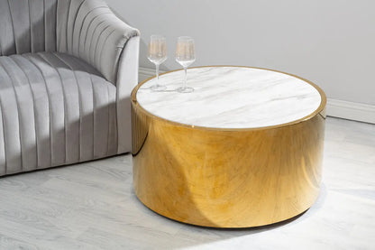 White Marble Effect Top Round Coffee Table with Gold Steel Frame, Carlox