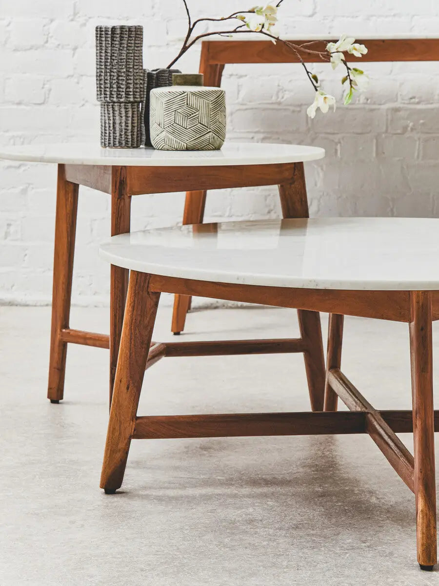 White Marble Round Top Coffee Table with Acacia Wood Legs, Myan