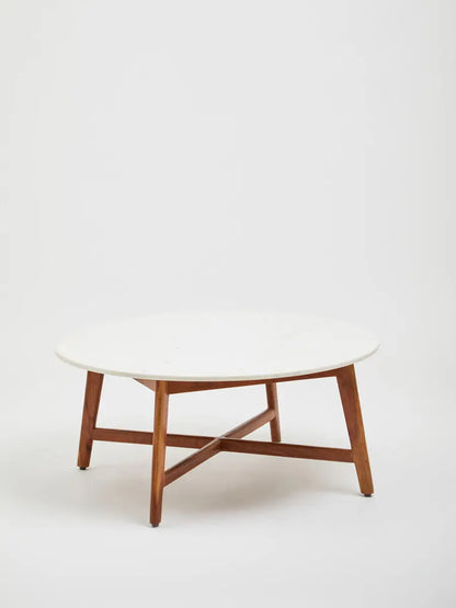 White Marble Round Top Coffee Table with Acacia Wood Legs, Myan