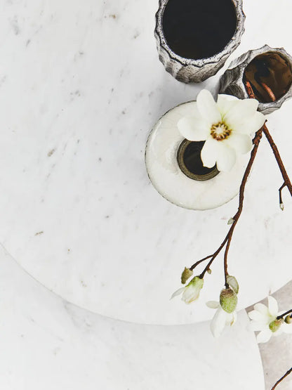White Marble Round Top Coffee Table with Acacia Wood Legs, Myan