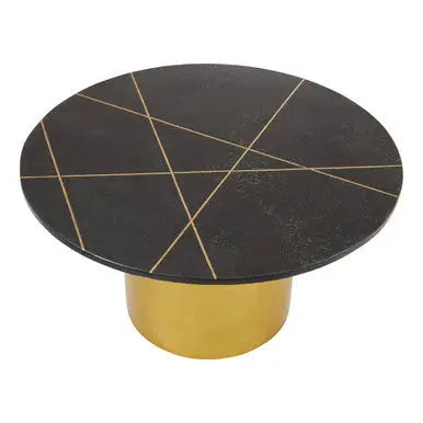 White Marble Round Top Coffee Table with Sculptural Geometric Gold Base, Rabia