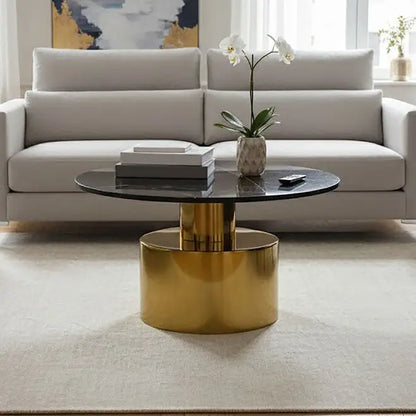 White Marble Round Top Coffee Table with Sculptural Geometric Gold Base, Rabia
