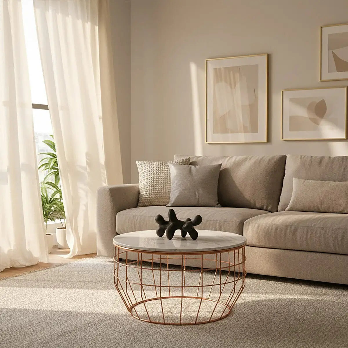White Marble Top Coffee Table with Agate Inset and Copper Iron Wireframe Base, Vizzini