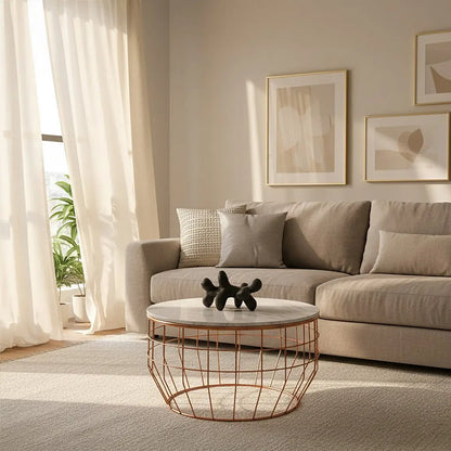 White Marble Top Coffee Table with Agate Inset and Copper Iron Wireframe Base, Vizzini