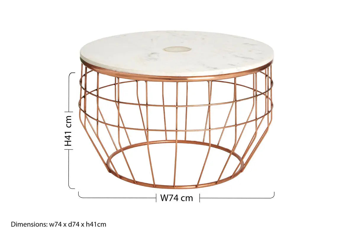 White Marble Top Coffee Table with Agate Inset and Copper Iron Wireframe Base, Vizzini