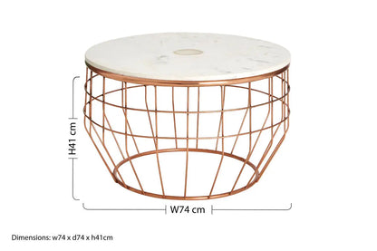 White Marble Top Coffee Table with Agate Inset and Copper Iron Wireframe Base, Vizzini