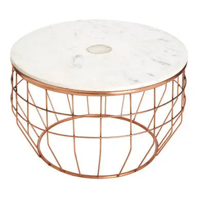 White Marble Top Coffee Table with Agate Inset and Copper Iron Wireframe Base, Vizzini
