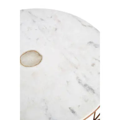 White Marble Top Coffee Table with Agate Inset and Copper Iron Wireframe Base, Vizzini