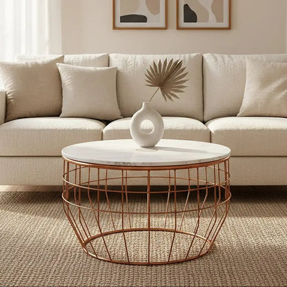 White Marble Top Coffee Table with Agate Inset and Copper Iron Wireframe Base, Vizzini