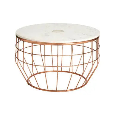 White Marble Top Coffee Table with Agate Inset and Copper Iron Wireframe Base, Vizzini