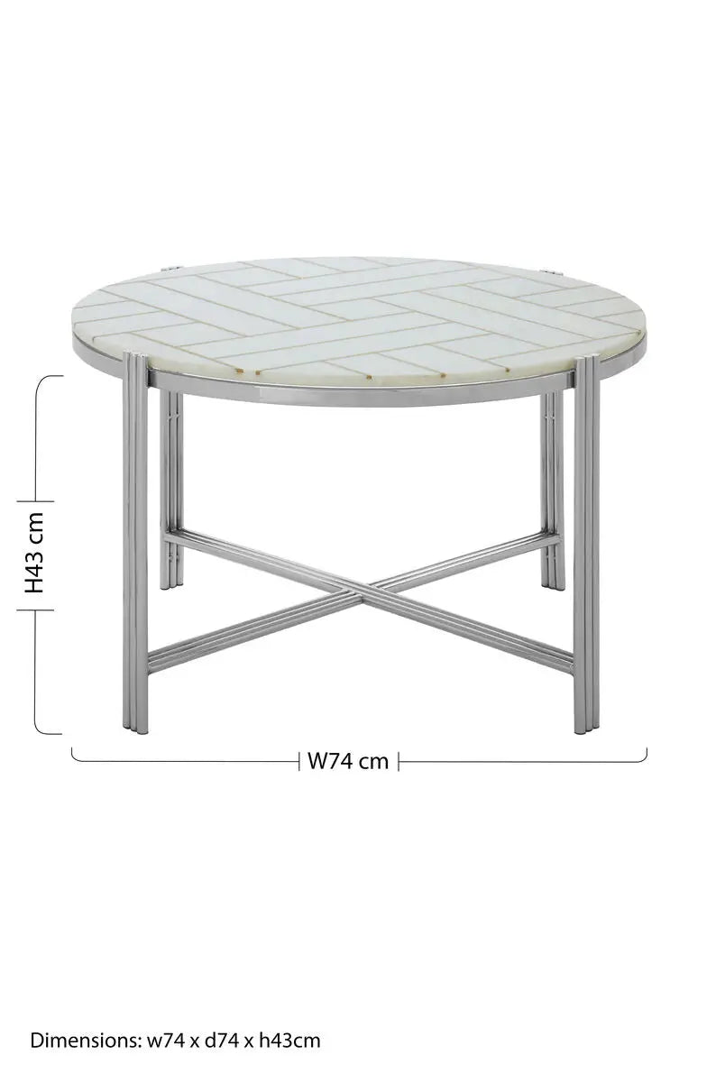 White Marble Top Coffee Table with Gold Detail and Silver Finish Frame, Eva