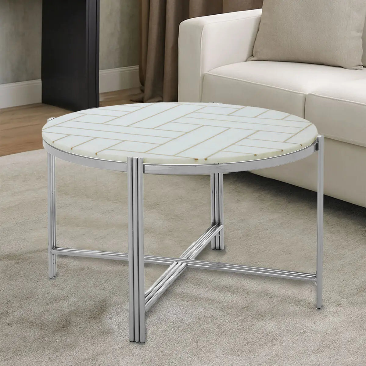 White Marble Top Coffee Table with Gold Detail and Silver Finish Frame, Eva