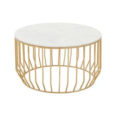 White Marble Top Coffee Table with Gold Finish Iron Cage Base, Pali