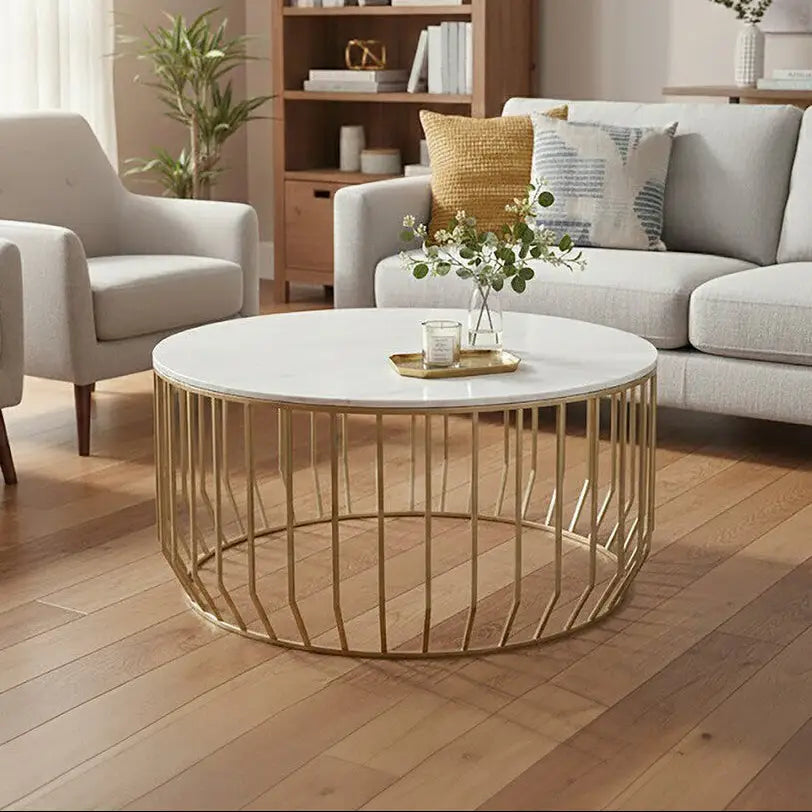 White Marble Top Coffee Table with Gold Finish Iron Cage Base, Pali