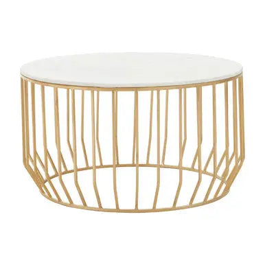 White Marble Top Coffee Table with Gold Finish Iron Cage Base, Pali