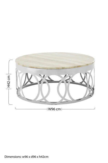 White Marble Top Coffee Table with Silver Stainless Steel Circular Base, Yasmin