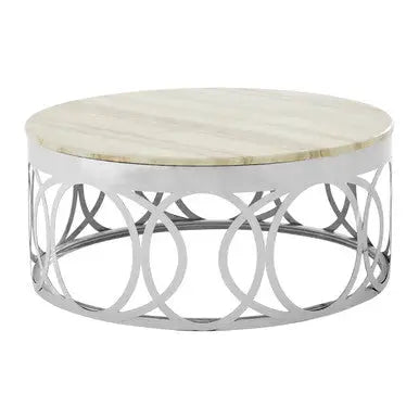 White Marble Top Coffee Table with Silver Stainless Steel Circular Base, Yasmin