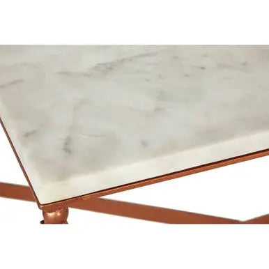 White Marble Top Coffee Table with Warm Copper Tapered Iron Legs, Nirav