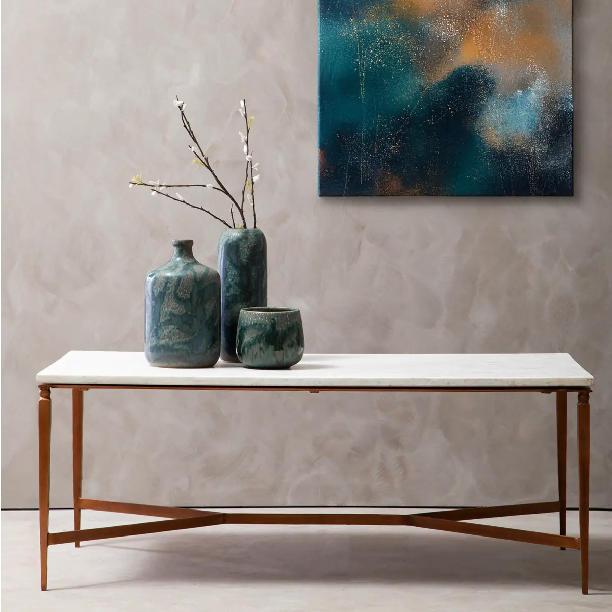 White Marble Top Coffee Table with Warm Copper Tapered Iron Legs, Nirav