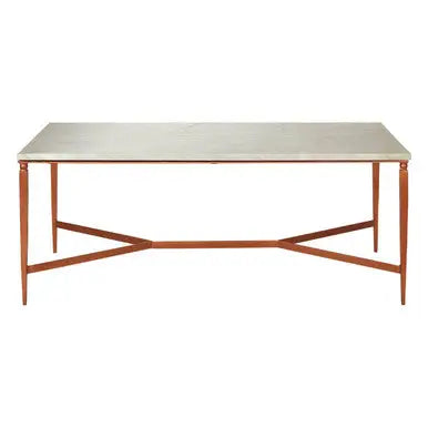 White Marble Top Coffee Table with Warm Copper Tapered Iron Legs, Nirav