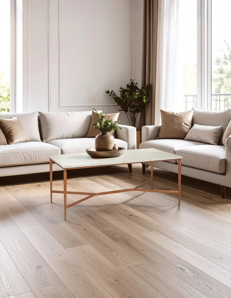 White Marble Top Coffee Table with Warm Copper Tapered Iron Legs, Nirav