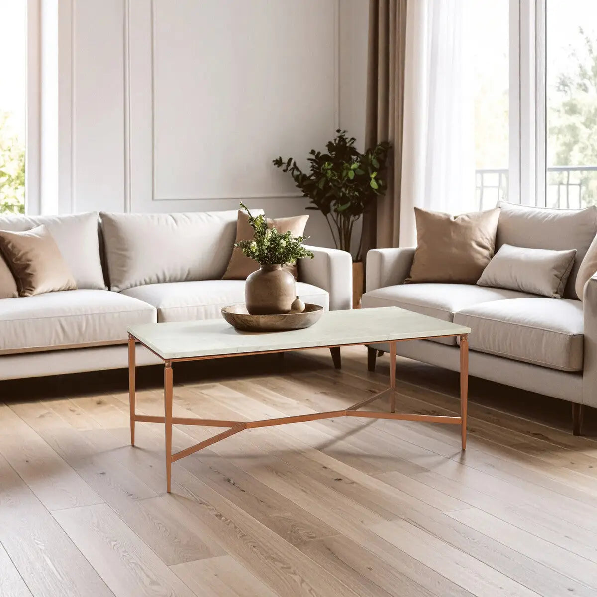 White Marble Top Coffee Table with Warm Copper Tapered Iron Legs, Nirav