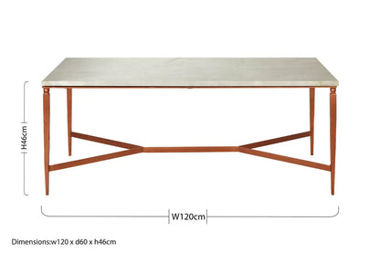 White Marble Top Coffee Table with Warm Copper Tapered Iron Legs, Nirav