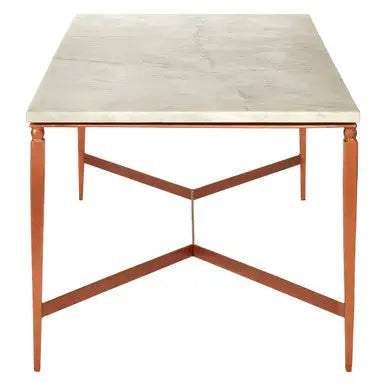 White Marble Top Coffee Table with Warm Copper Tapered Iron Legs, Nirav