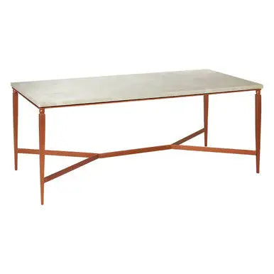 White Marble Top Coffee Table with Warm Copper Tapered Iron Legs, Nirav