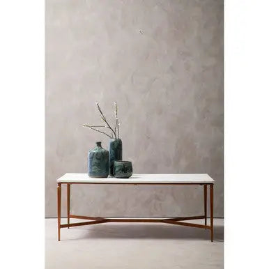 White Marble Top Coffee Table with Warm Copper Tapered Iron Legs, Nirav
