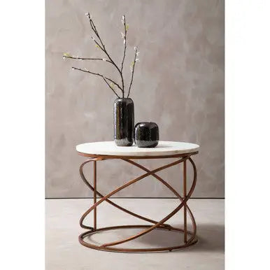 White Marble Top Round Coffee Table with Metal Finish, Nirav