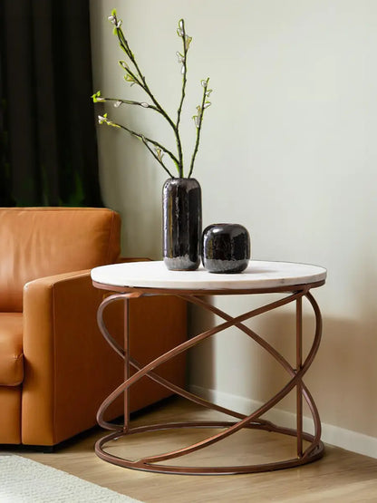 White Marble Top Round Coffee Table with Metal Finish, Nirav