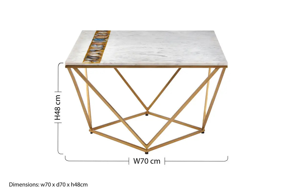 White Marble Top Square Coffee Table with Semi Precious Agate Stone Inlay, Vizzini