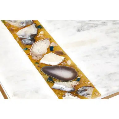 White Marble Top Square Coffee Table with Semi Precious Agate Stone Inlay, Vizzini