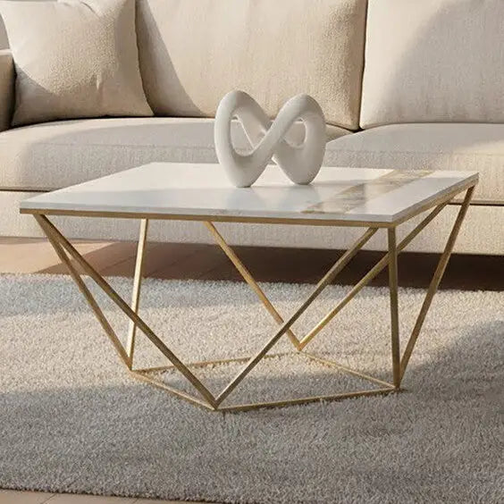 White Marble Top Square Coffee Table with Semi Precious Agate Stone Inlay, Vizzini