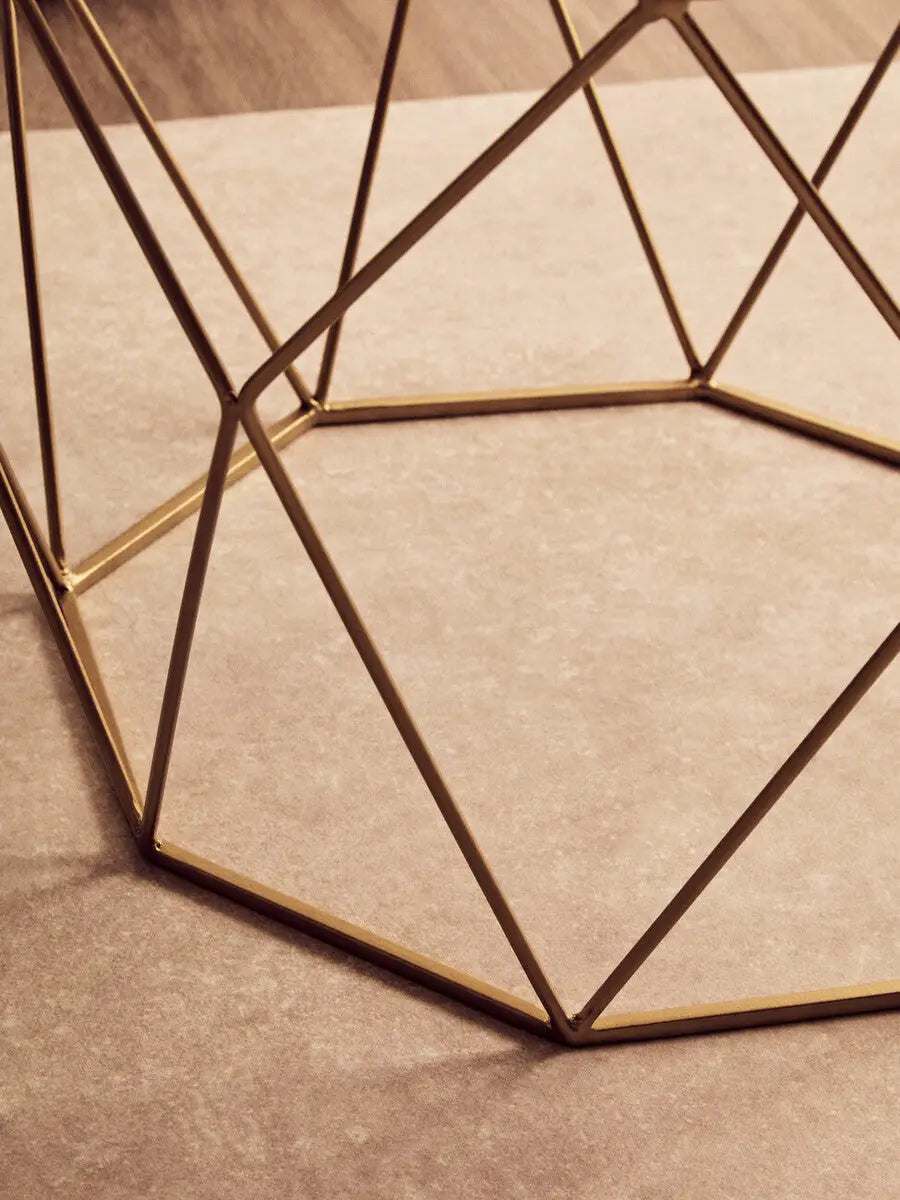 White Octagon Marble Top Coffee Table with Gold Metal Frame, Shalimar