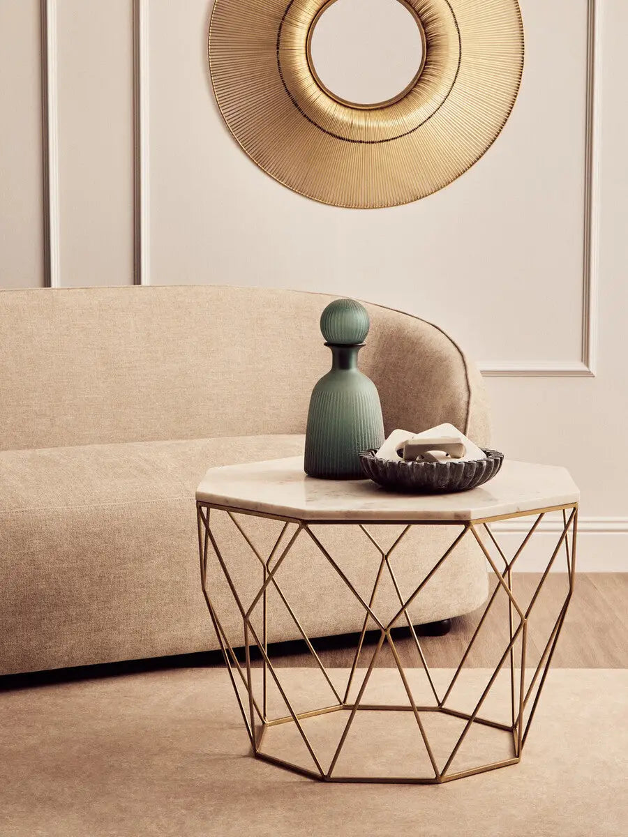 White Octagon Marble Top Coffee Table with Gold Metal Frame, Shalimar