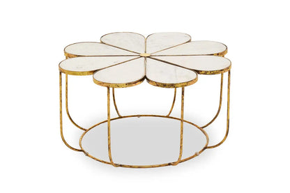 White Polished Marble Top Coffee Table with Petal Design Openwork Base, Rabia