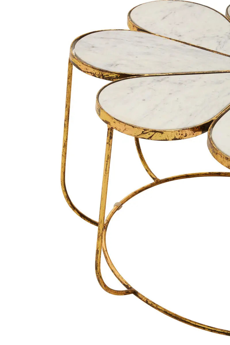 White Polished Marble Top Coffee Table with Petal Design Openwork Base, Rabia