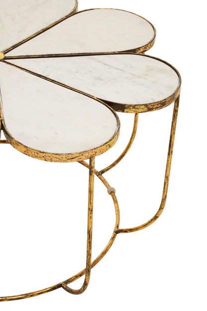 White Polished Marble Top Coffee Table with Petal Design Openwork Base, Rabia