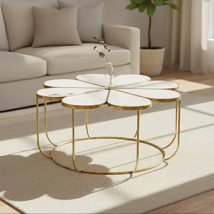 White Polished Marble Top Coffee Table with Petal Design Openwork Base, Rabia