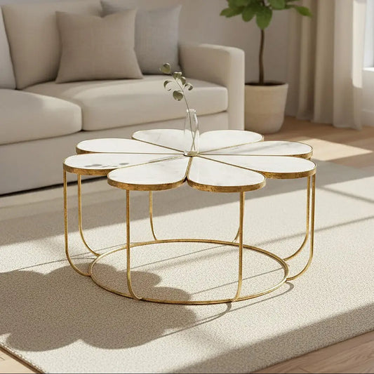 White Polished Marble Top Coffee Table with Petal Design Openwork Base, Rabia