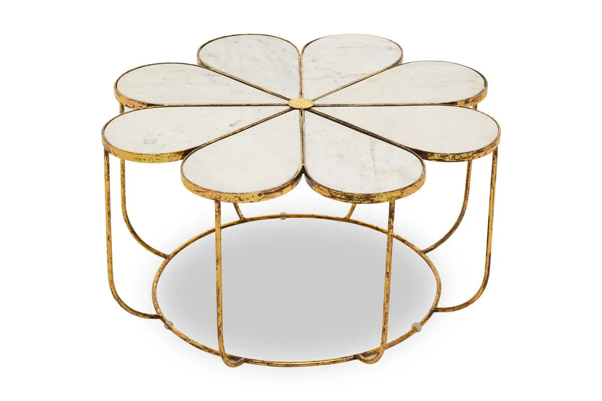 White Polished Marble Top Coffee Table with Petal Design Openwork Base, Rabia
