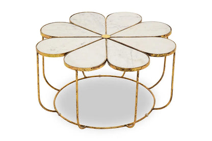 White Polished Marble Top Coffee Table with Petal Design Openwork Base, Rabia